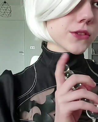 Nier: 2B covered with milk barely wanks - teen cosplay bust