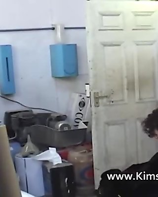 Busty Kim sucks off two workers